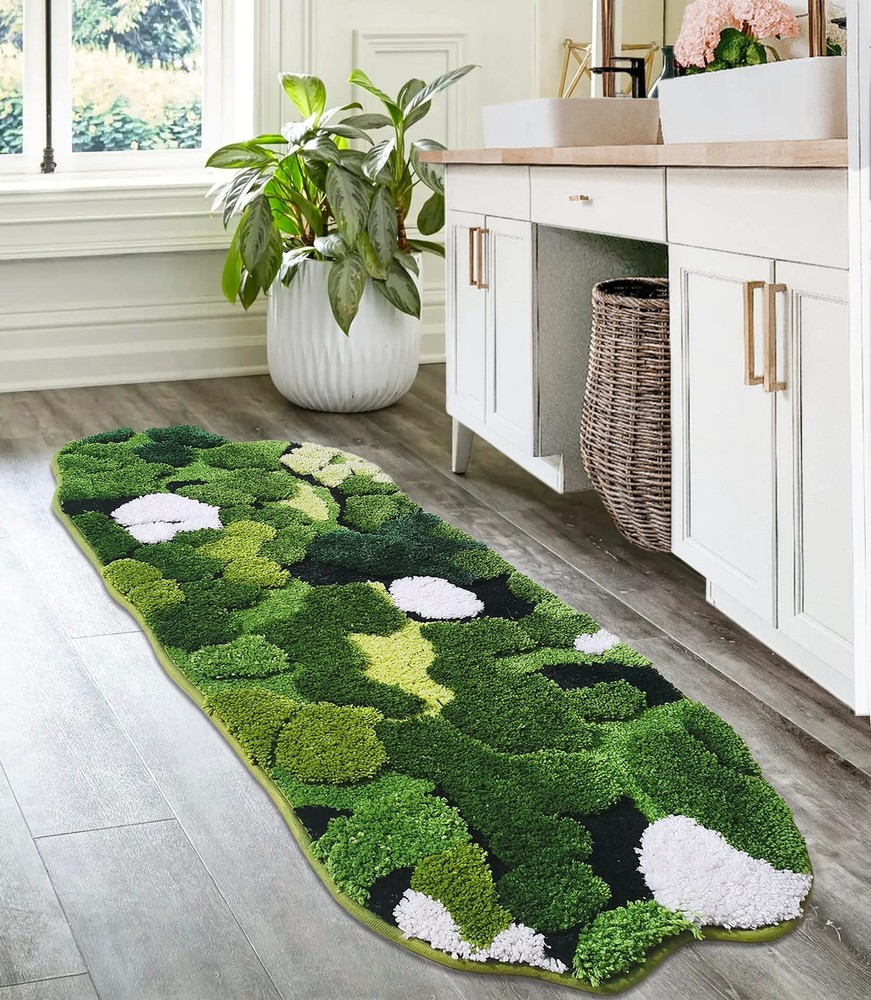 Cute Green Moss Bathroom Runner Rug Long Rectangular Boho Aesthetic Leaf Leav...