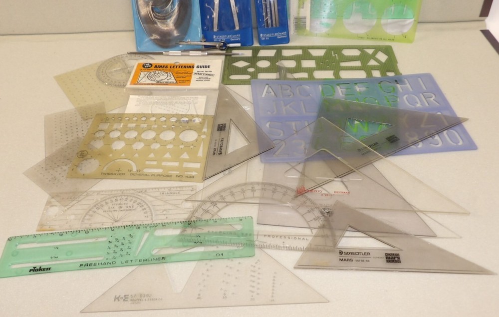 Vintage Drafting Tools Drawing Lot: Compasses, Stencils, Templates & More