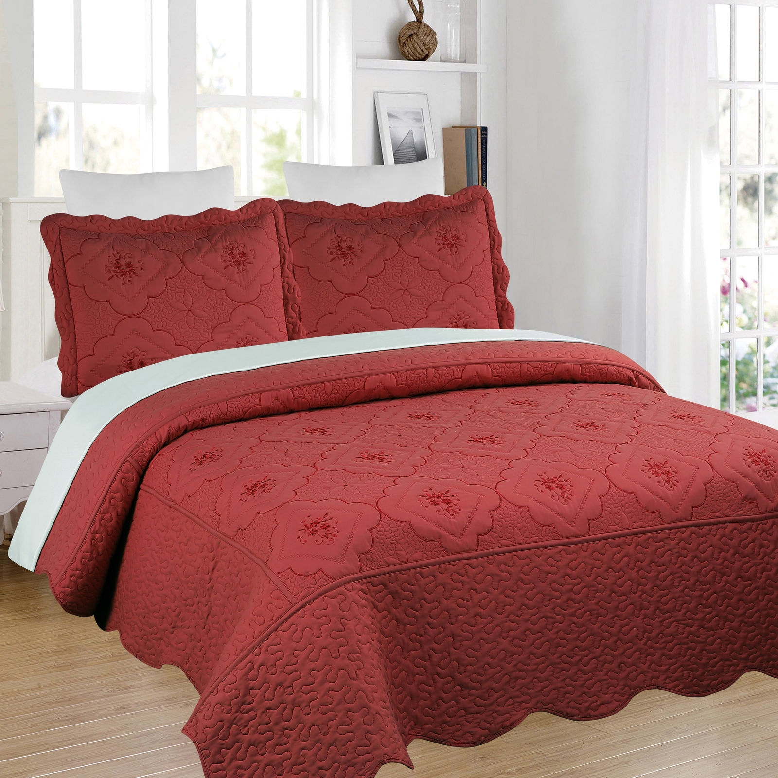 3 Piece Floral Embroidered Quilted Bedspread-Beautiful Stitching