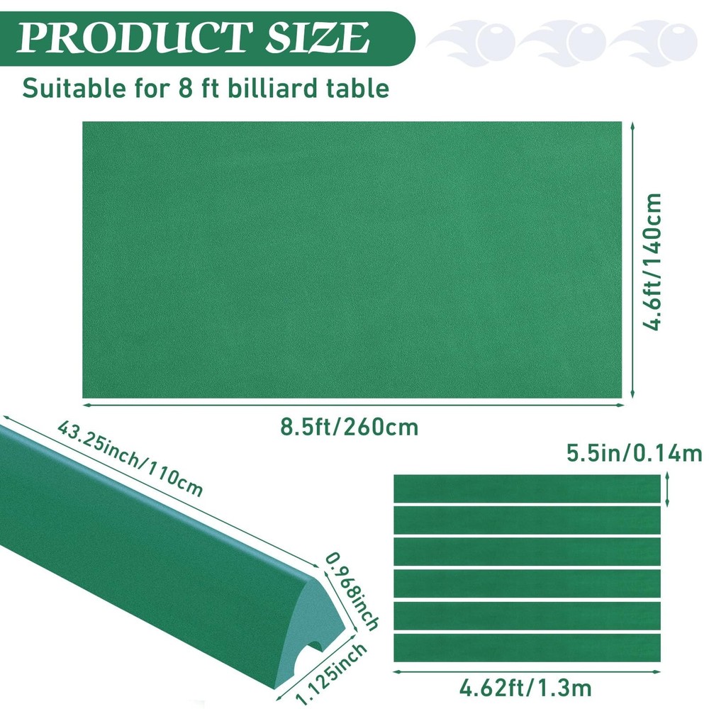 8 Ft Pool Table Replacement Felt Green 6 Strips 6 Rubber Bumpers REPL KIT