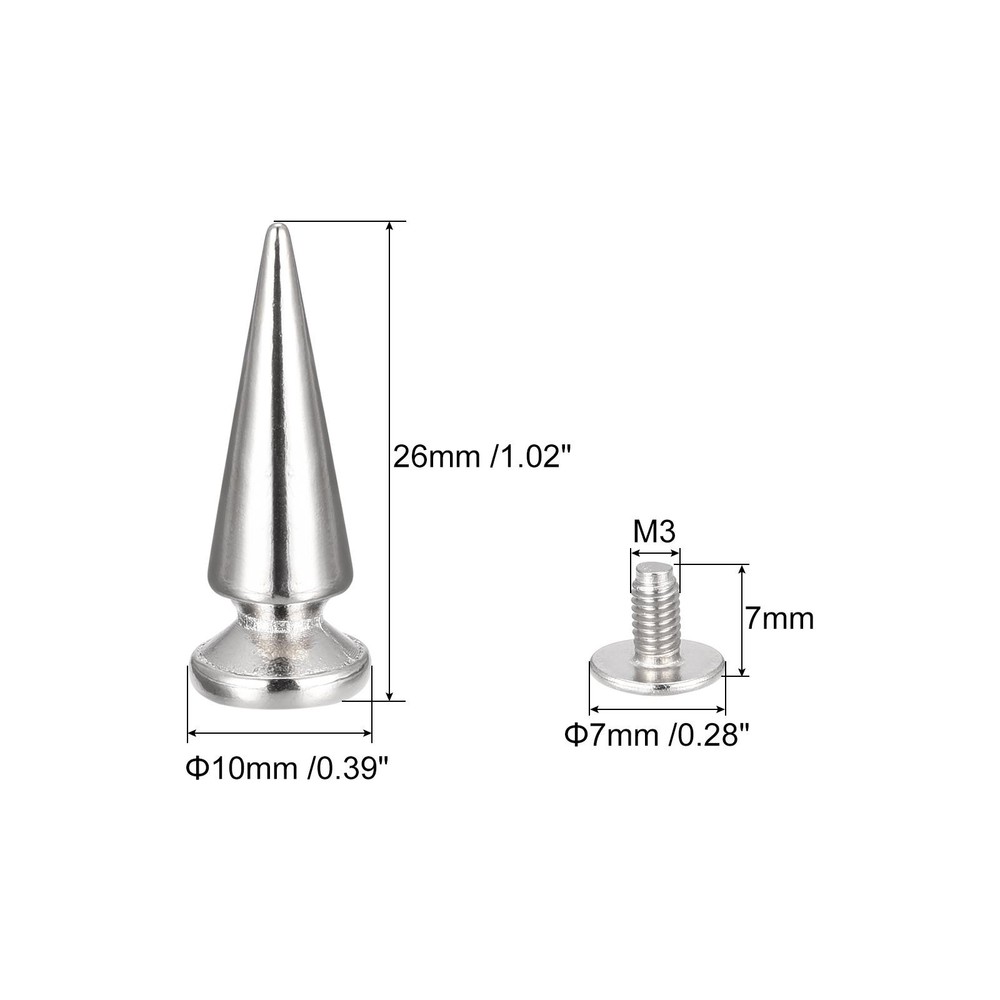 10x26mm Screw Back Rivets, 10 Set Solid Leather Studs Silver Tone