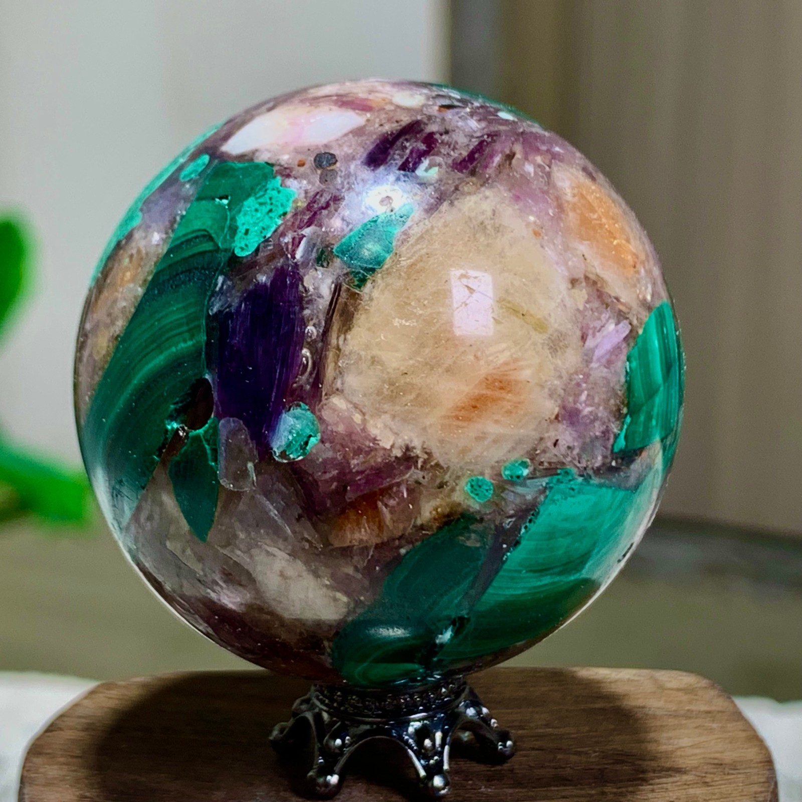 116G Newly discovered rare malachite purple mica symbiotic sphere restoration