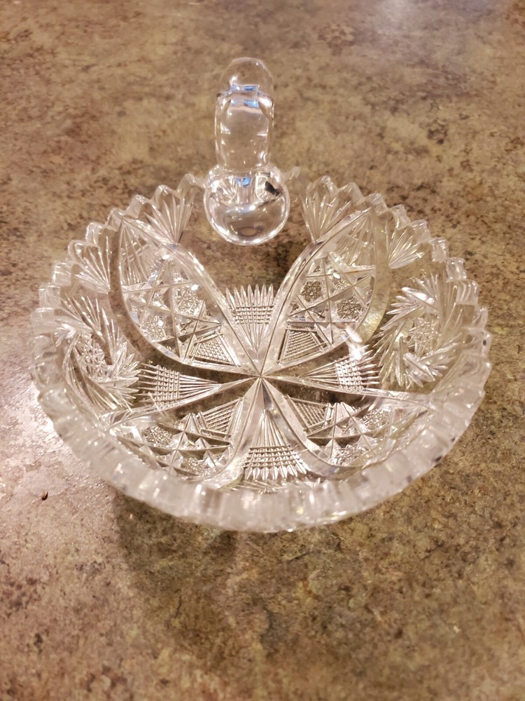Antique Cut Sharp Crystal Glass Handled Bon Bon Candy Dish 5"