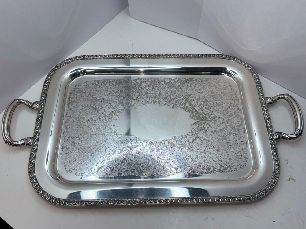 Oneida Rectangular Silver Plate serving Tray W/ Handles Lakewood Tudor Plate