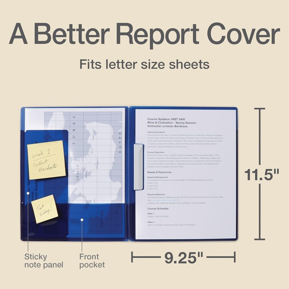 Report Cover 3 Pack Swing Clip 2 Pockets Panel Sticky Note Reminders Assorted