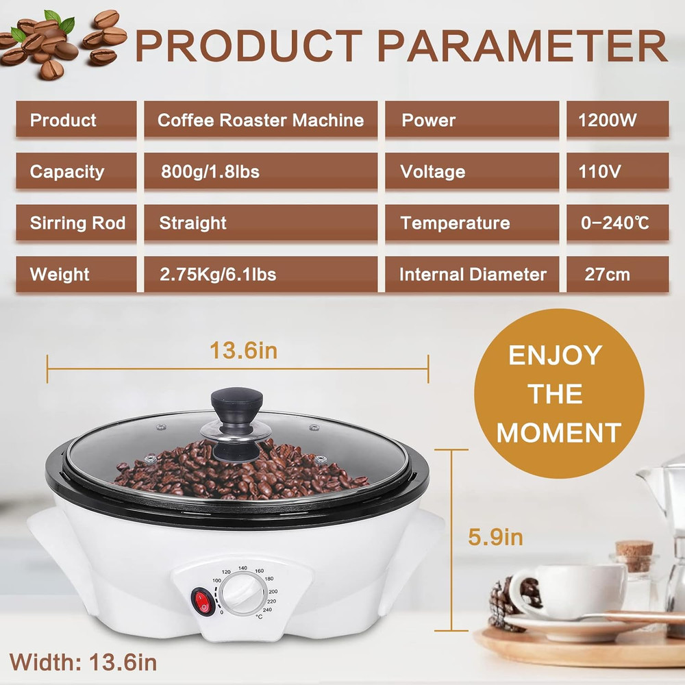 Electric Coffee Bean Roaster for Home Use 1.1Lb Capacity Temperature Control (0-