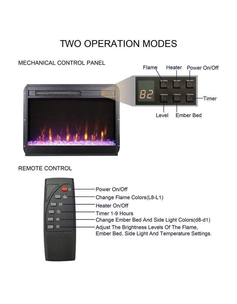 23" Electric Fireplace Insert with Remote Crystal Realistic Flame Timer Heater