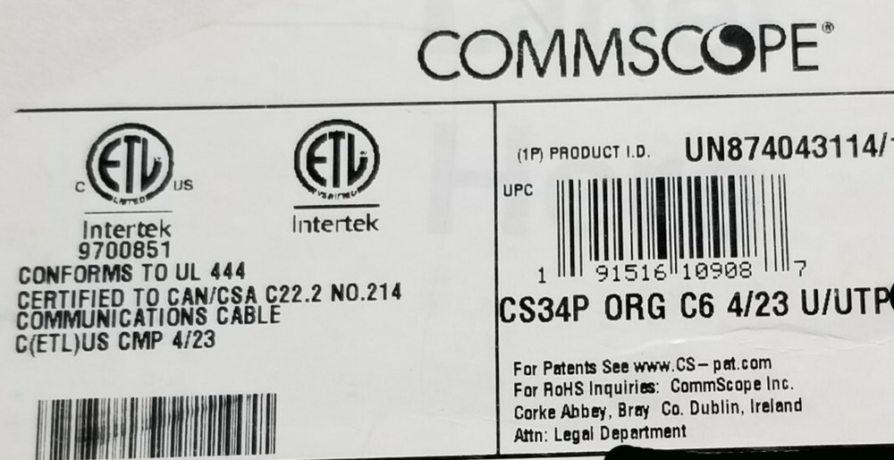 Commscope CS34P 23/4P Cat6 U/UTP WebTrak Plenum CMP Network Cable Orange /100ft