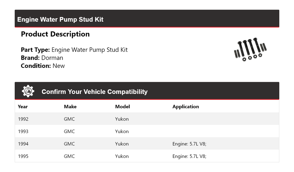 For 1992-1995 GMC Yukon Dorman Engine Water Pump Stud Kit 1993 1994