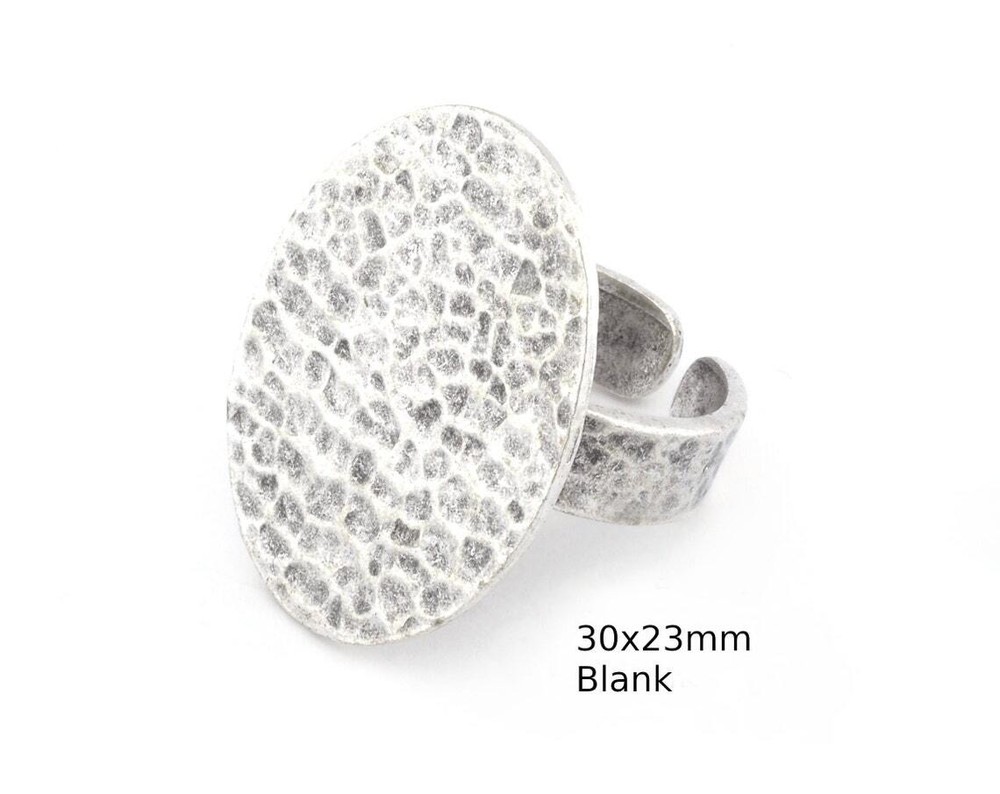 Oval Hammered Adjustable Ring Blank Bezel Base-Antique Silver Plated Brass 4935