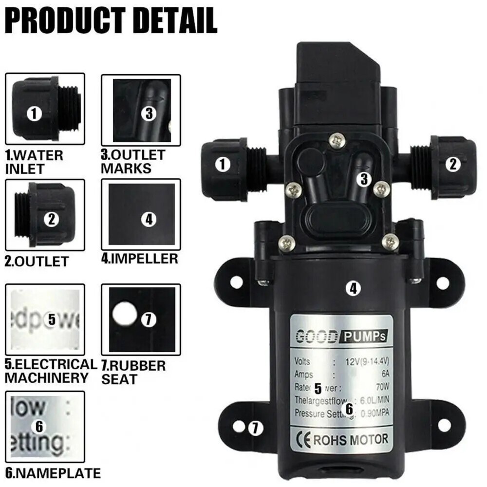 1/2P 12V Water Pump 130PSI Self Priming Diaphragm High Pressure Automatic Switch