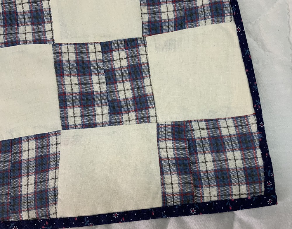 Vintage Patchwork Quilt Table Topper, Nine Patch, Checks, Red, Navy Blue & White