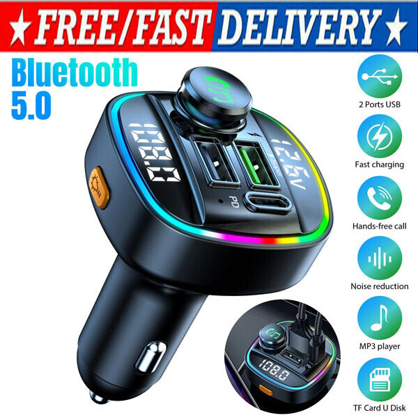 Bluetooth 5.0 Car Wireless FM Transmitter Adapter USB PD Charger AUX Hands US