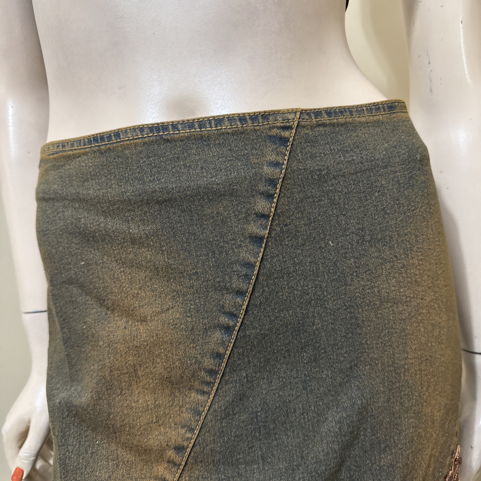 Women’s Brown Denim Cotton Stretch Boho Beaded Lace Zip Size M(6-8) Skirt 3716