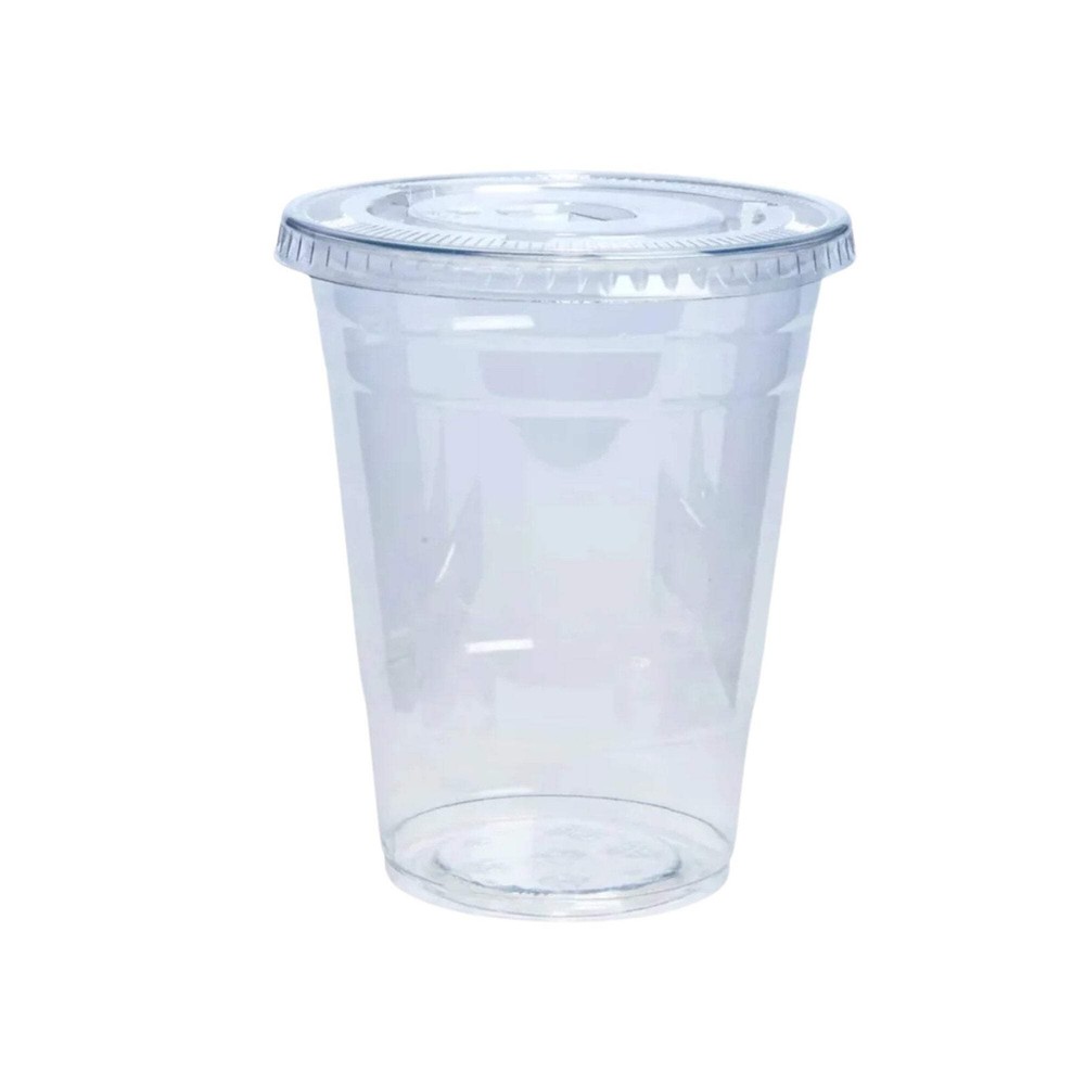12oz Plastic Clear PET Cups With Flat Lid: 8 Pack