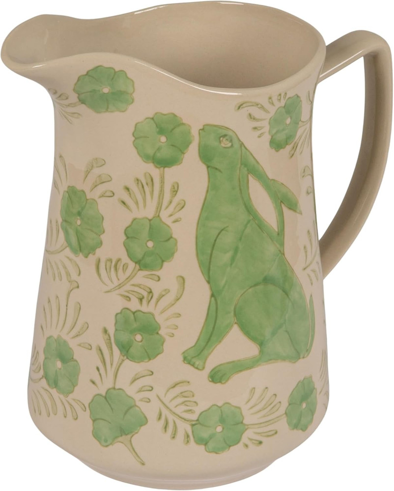 Charming 3-Quart Green Stoneware Pitcher with Rabbit and Floral Design
