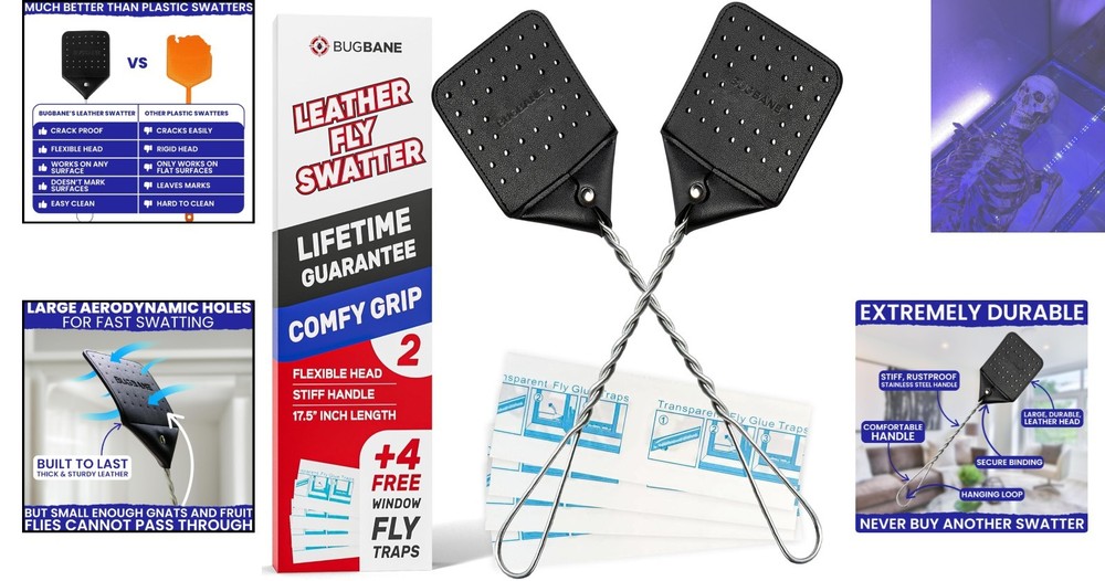 Elegant 2-Pack Leather Fly Swatter with Long Handle & Window Bug Traps