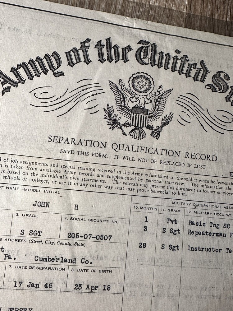 WWII Army Separation Qualification Record Papers