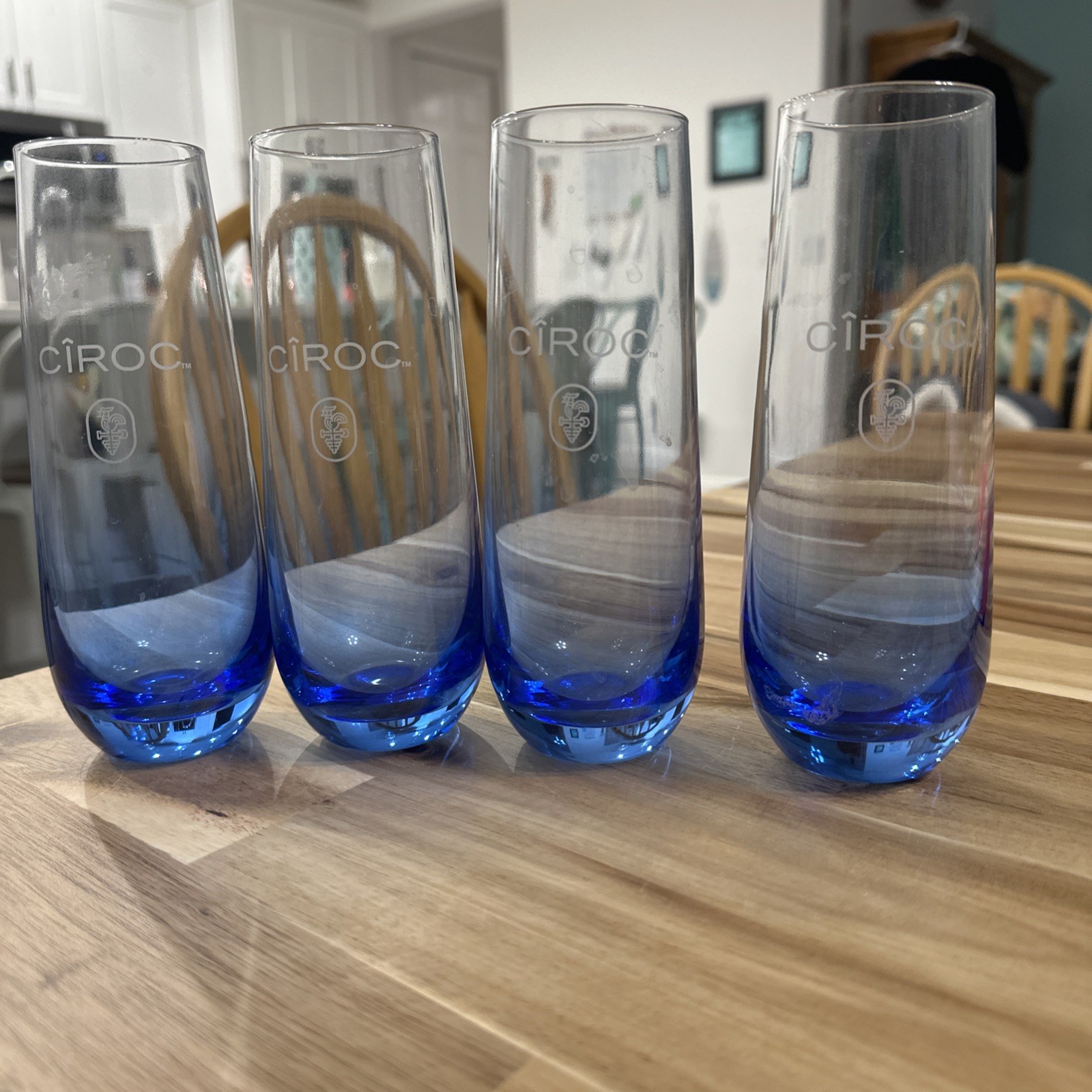 Ciroc Etched Blue Cocktail Stemless Flute Glasses Set of 4 Four Vodka Logo 6.25"