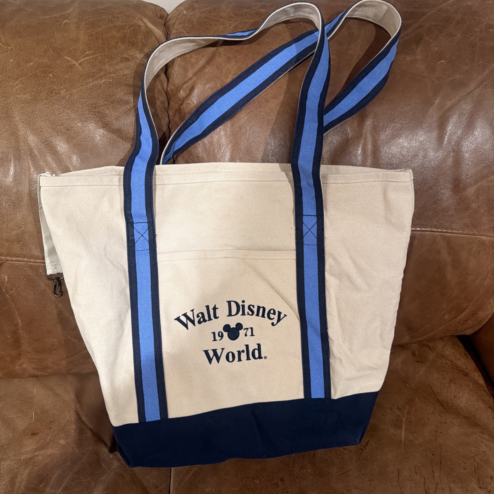 Walt Disney World LARGE Canvas Tote Bag Embroidered 19x16” Navy Light Blue Cream