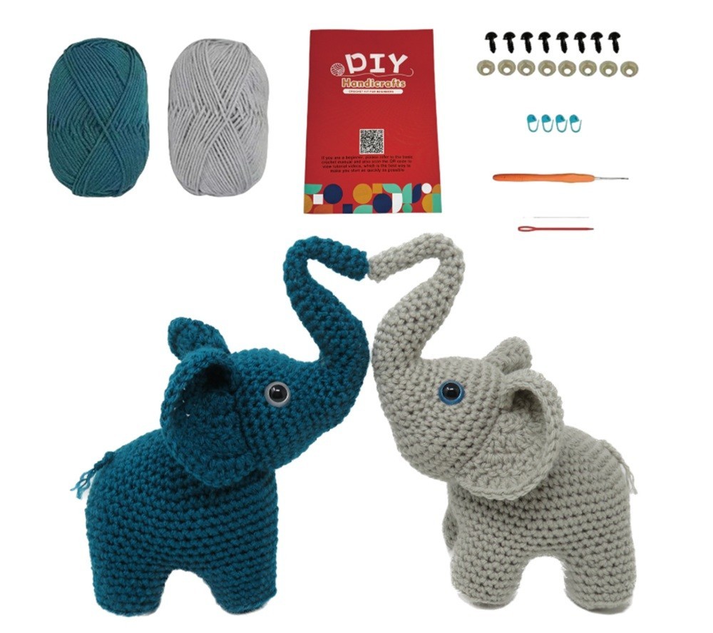Elephant Crochet Kit 2 Pack for Beginners Amigurumi DIY Set with Video Tutorial