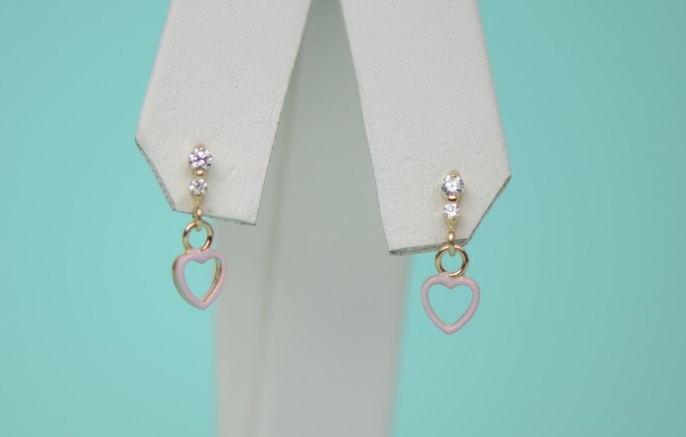 14K Solid Yellow Gold Heart Shape Dangle Earring with Enamel