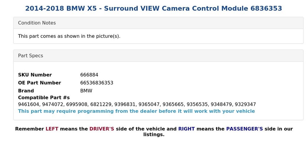 2014-2018 BMW X5 - Surround VIEW Camera Control Module 6836353