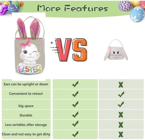 1 Pack Easter Basket with Handle, Canvas Easters Egg Hunt Bunny Baskets for K...