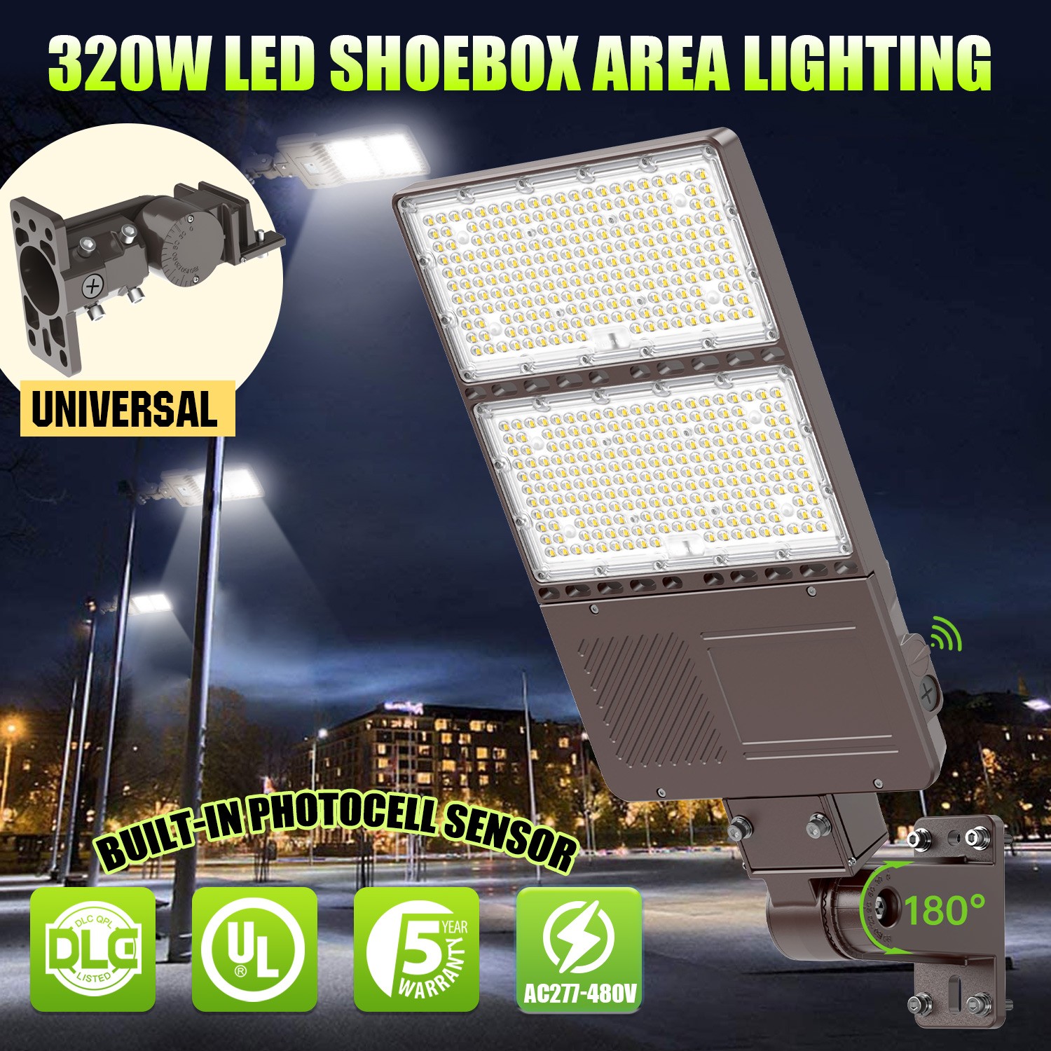 277-480V 44800LM 320W Commercial LED Shoebox Parking Lot Light Fixture Photocell