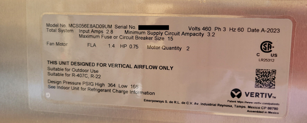 New Liebert MC MCS056 Microchannel Condenser, 460vac, 3Ph, 2 Fan
