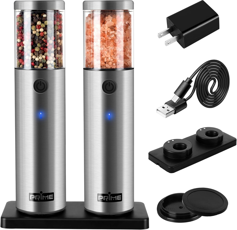 , Electric Salt and Pepper Grinder Set, 2 Mills, Rechargeable, with Charging Bas