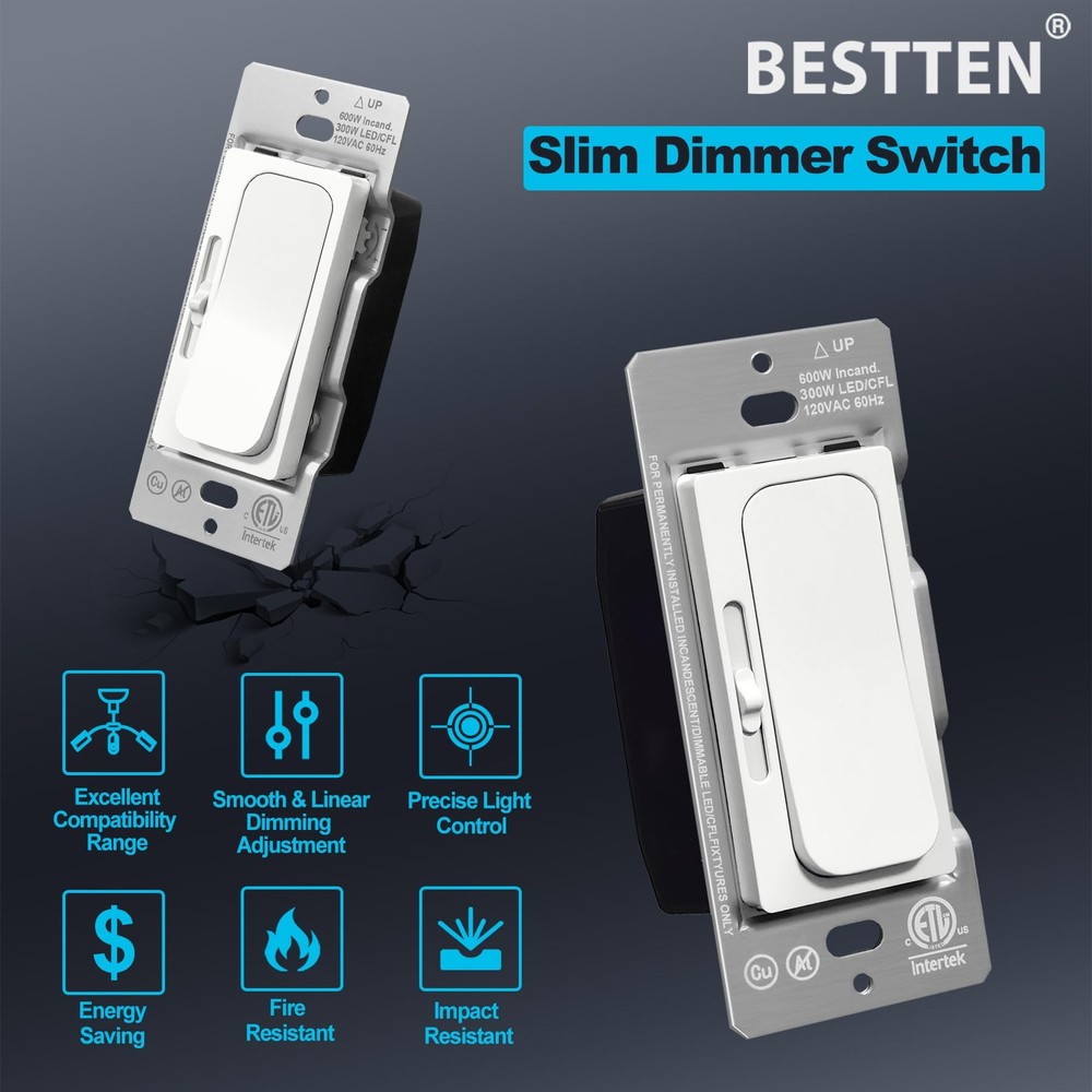 5 Pack Super Slim Quiet Dimmer Light Switch, Smooth Slide Dimmer Switch, Sing...