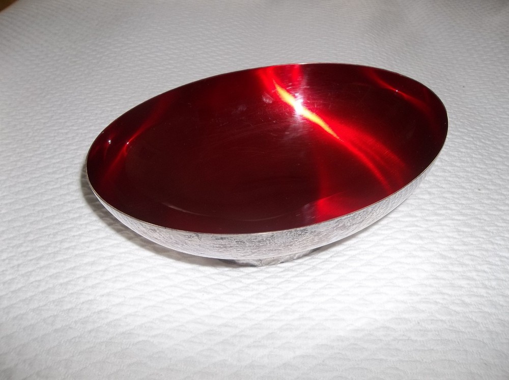 Vintage 10" Length Wallace Silverplate Red Color Clad Enamel Footed Bowl USA!