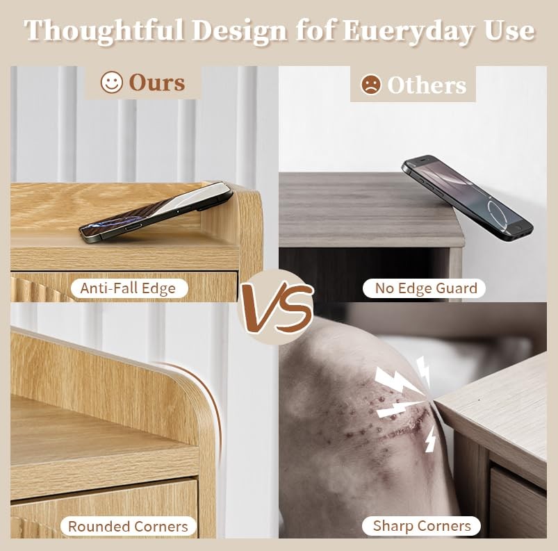 24 Inch Wide Fluted Nightstands Large Night Stand with 2 Drawers