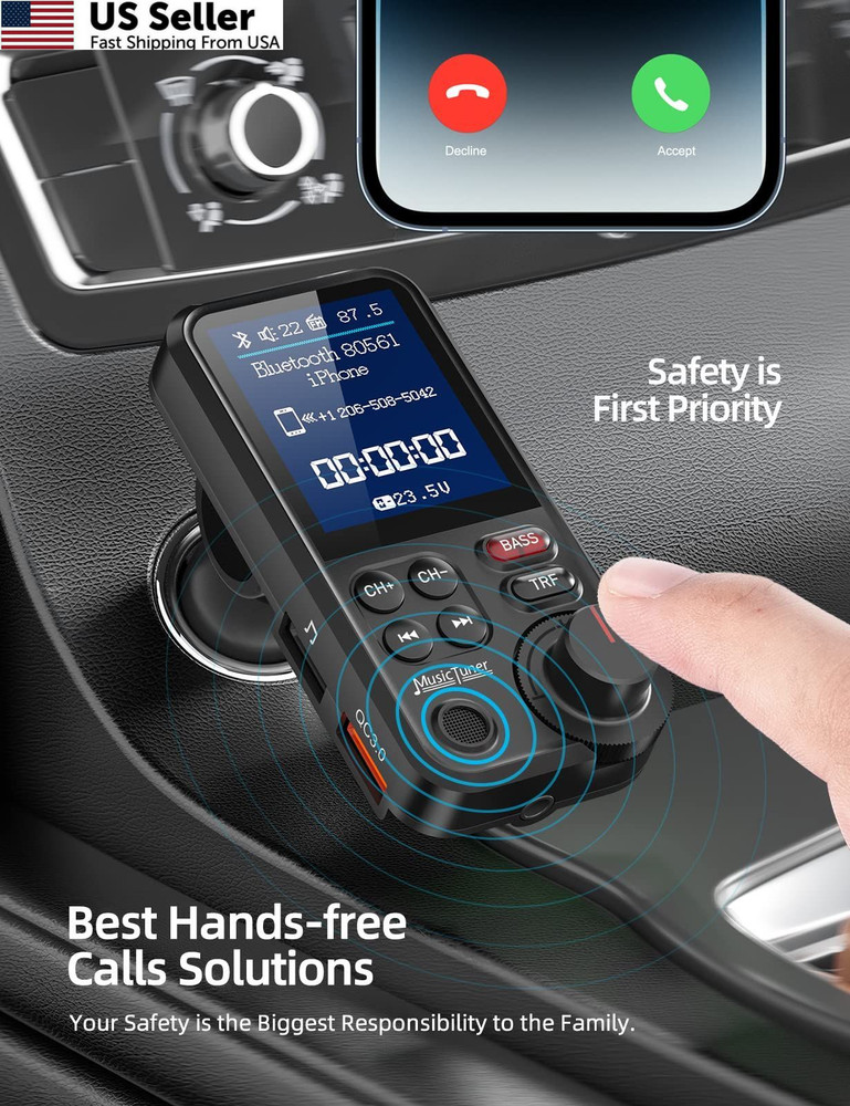 Nulaxy KM30 Bluetooth Car Adapter, FM Transmitter with 1.8" Small, Black