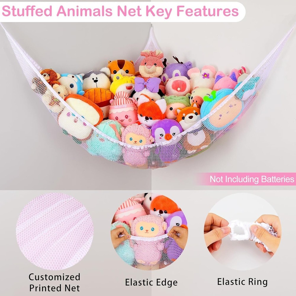 Triangular LED Toy Storage Hammock for Stuffed Animals - Space-Saving Corner Net
