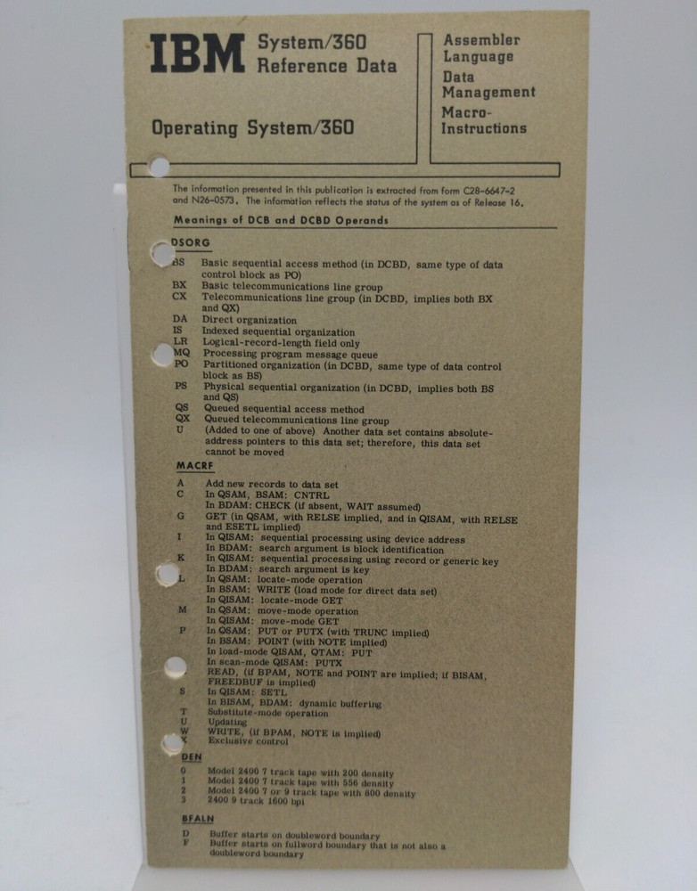 IBM System/360 Command Language Reference Data Booklet 1970s Vintage System360