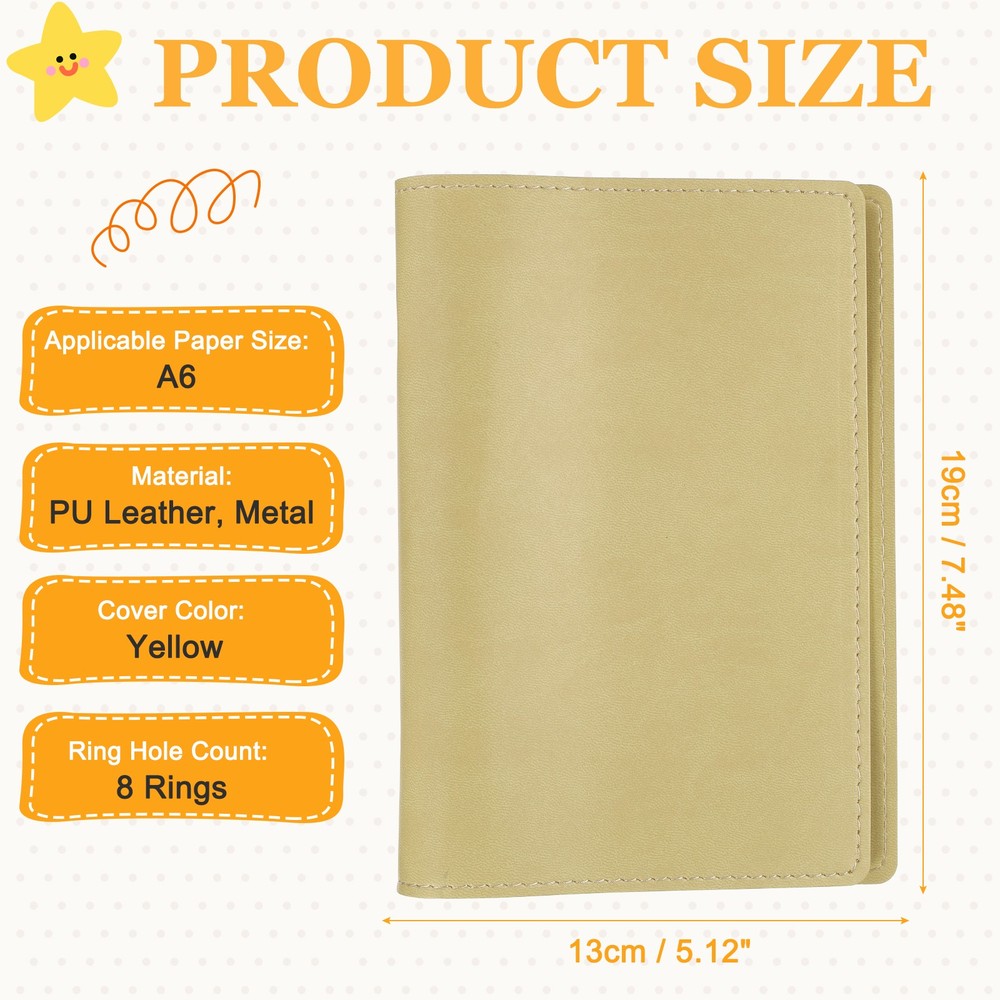 A6 PU Leather Binder Protector, 6 Ring Loose Leaf Notebook Protector, Yellow