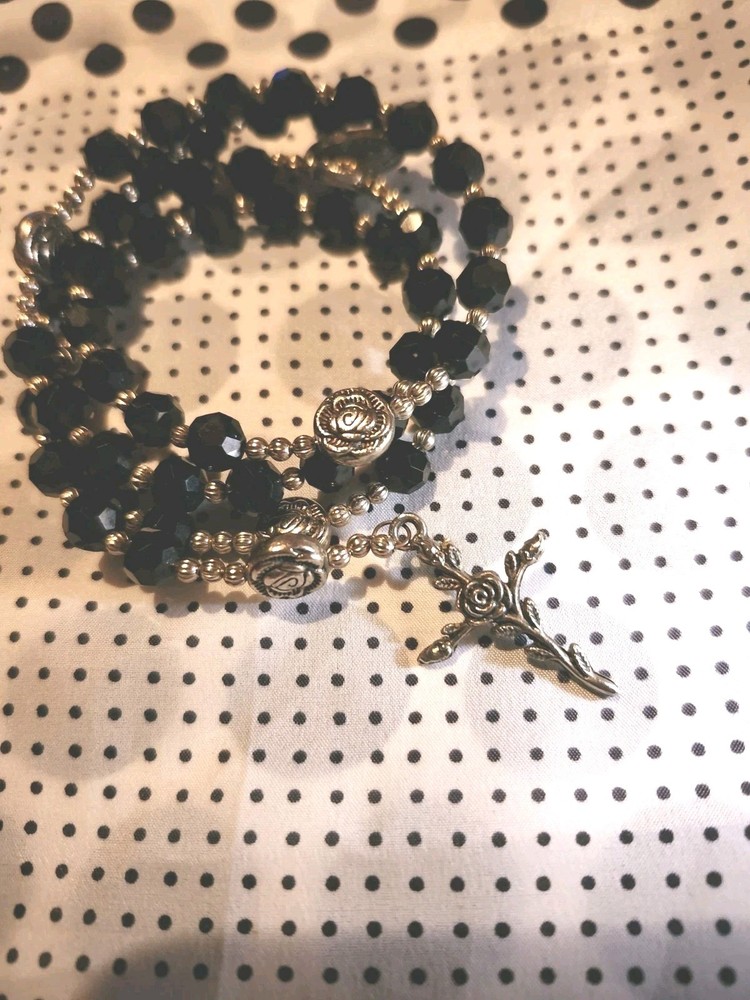 Artisan Hand Crafted Black & Silver Crystal Bead Wraparound Rosary Bracelet