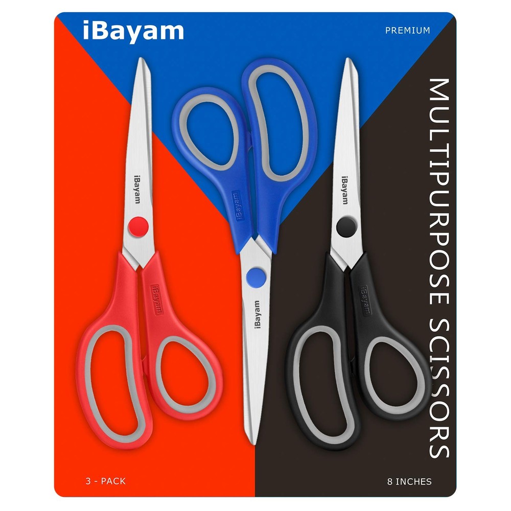 Scissors, iBayam 8" All Purpose Scissors Bulk 3-Pack, Ultra Sharp 2.5mm Thick...