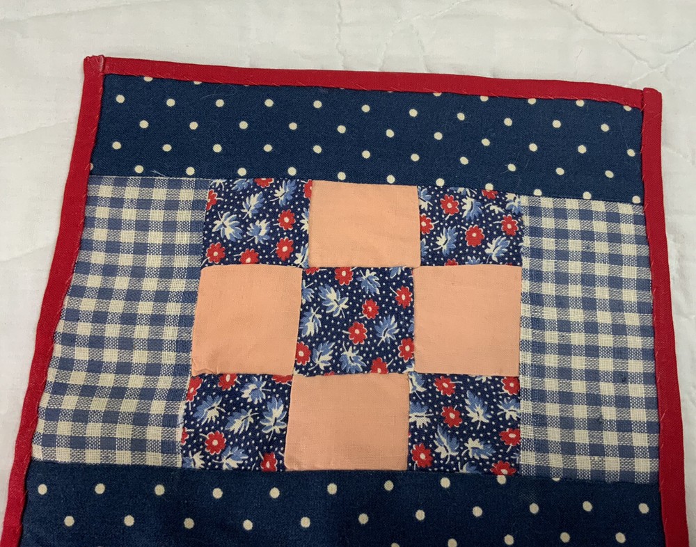 Vintage Patchwork Mini Quilt Table Topper Or Doll Quilt, Nine Patch, Blue, Navy