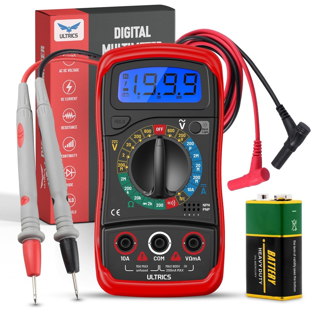 ULTRICS Digital Multimeter, Voltmeter Ammeter Ohmmeter with Test Leads Red
