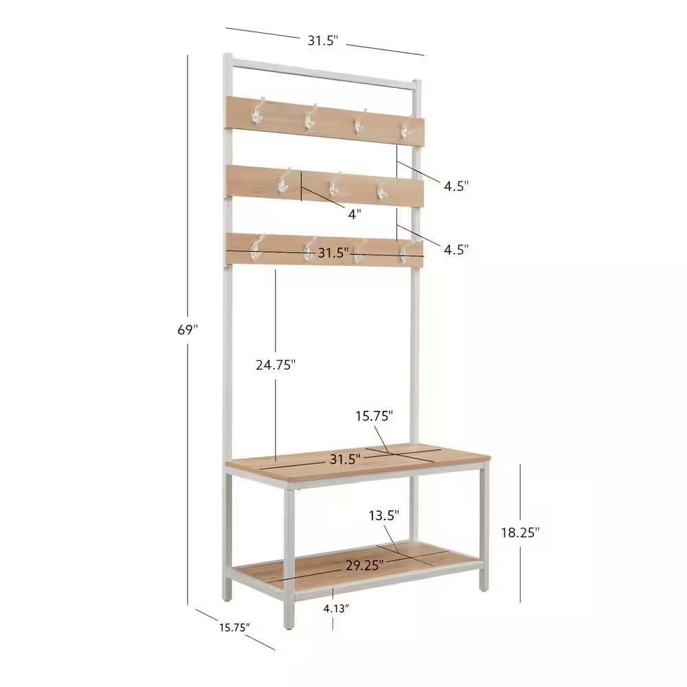 Bedford White Coat Rack Hall Tree with Hooks and Shelf