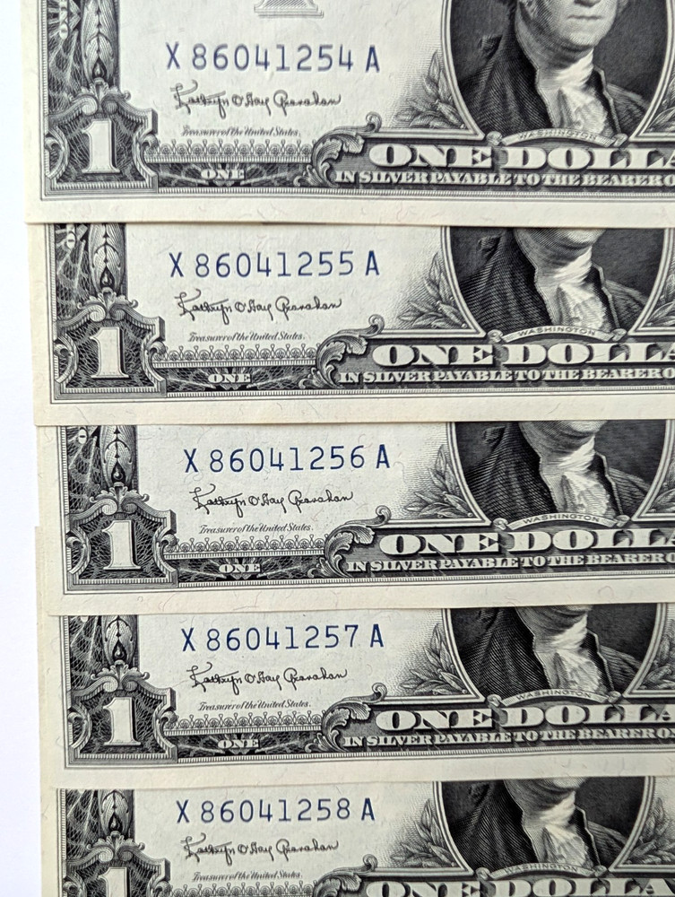 5 Consecutive Uncirculated crisp 1957B $1 Silver Certificates Blue Seal Notes
