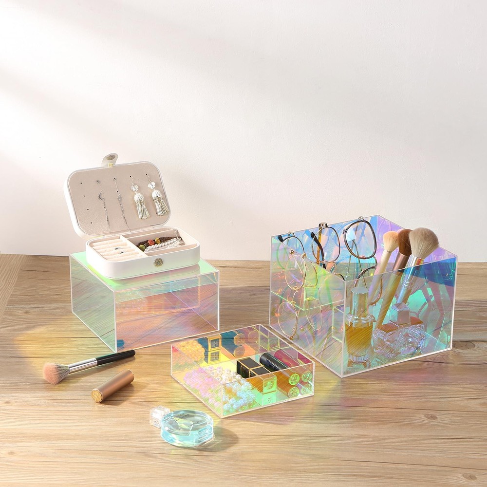 Iridescent Acrylic Cubes Display , 3pcs Stackable Risers Display Stands, Rain...