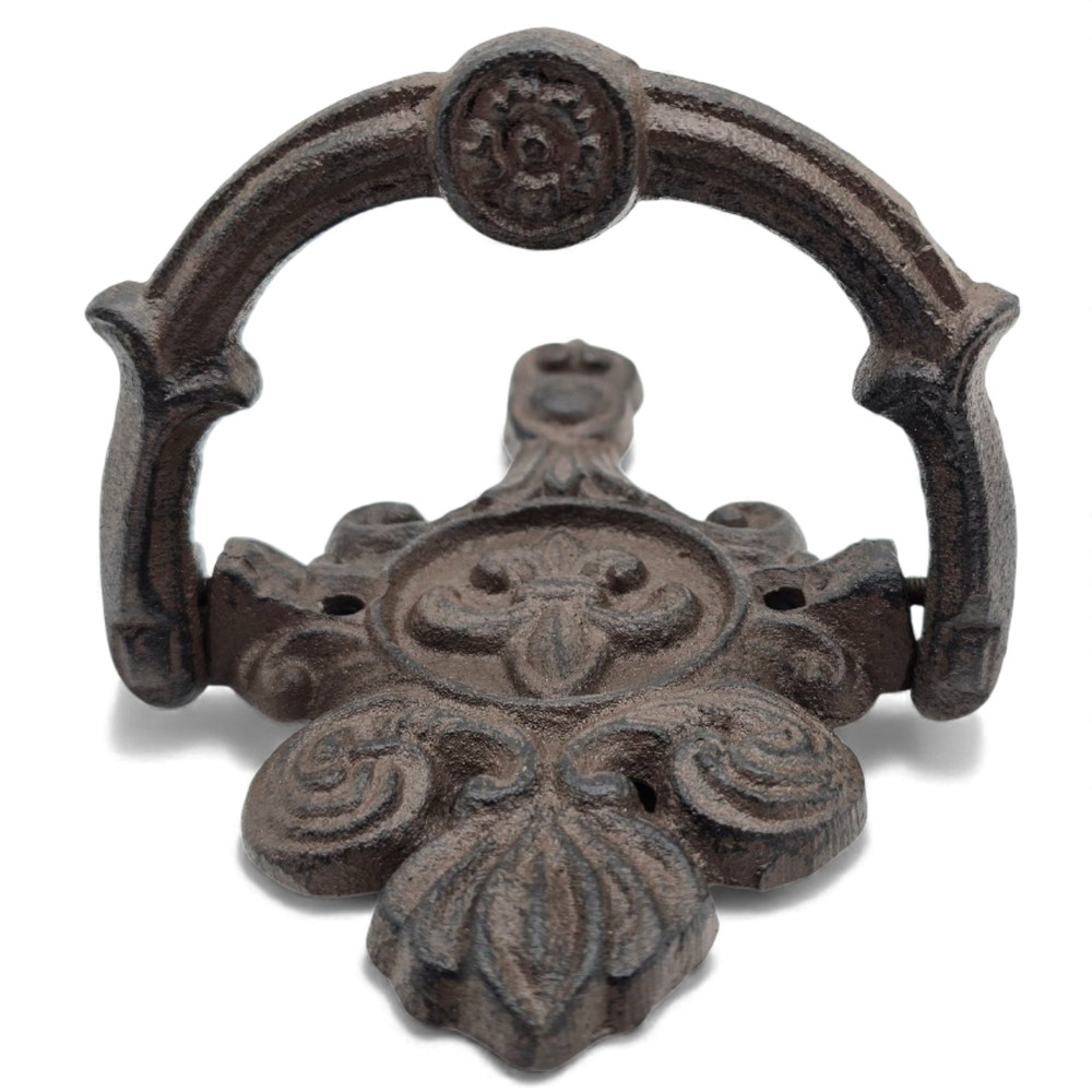 Cast Iron Fleur De Lis Door Knocker Scrolls Accent Rustic Victorian Style Brown