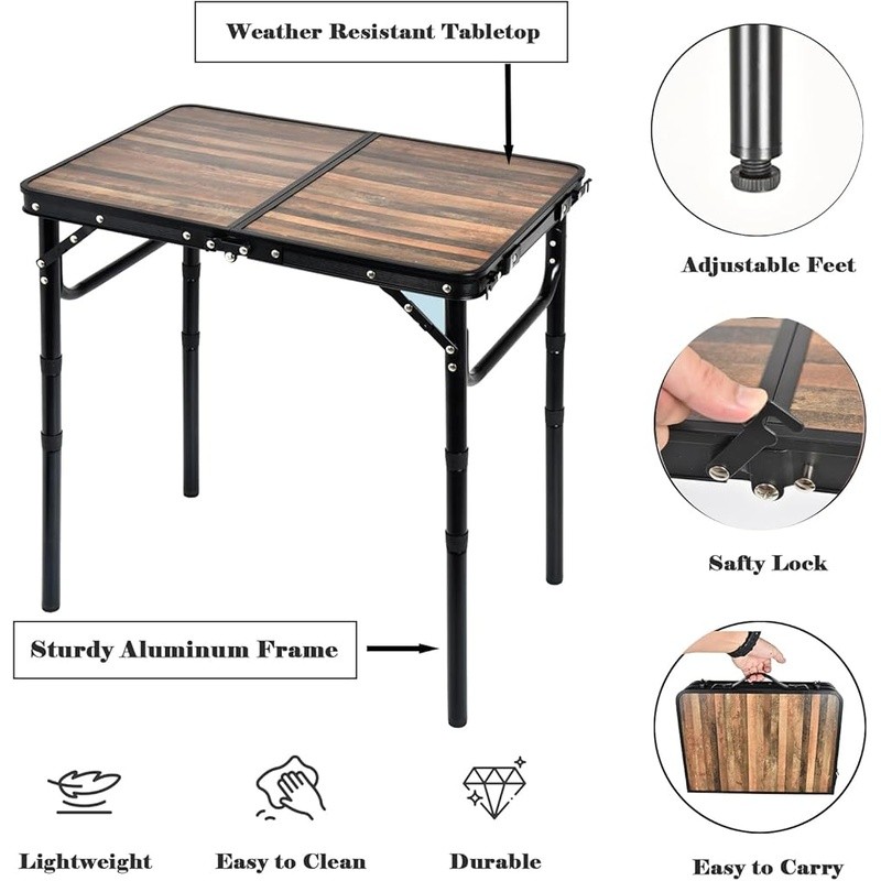 Folding Camping Table Portable Adjustable Height Easy Setup W/ Storage Hooks New