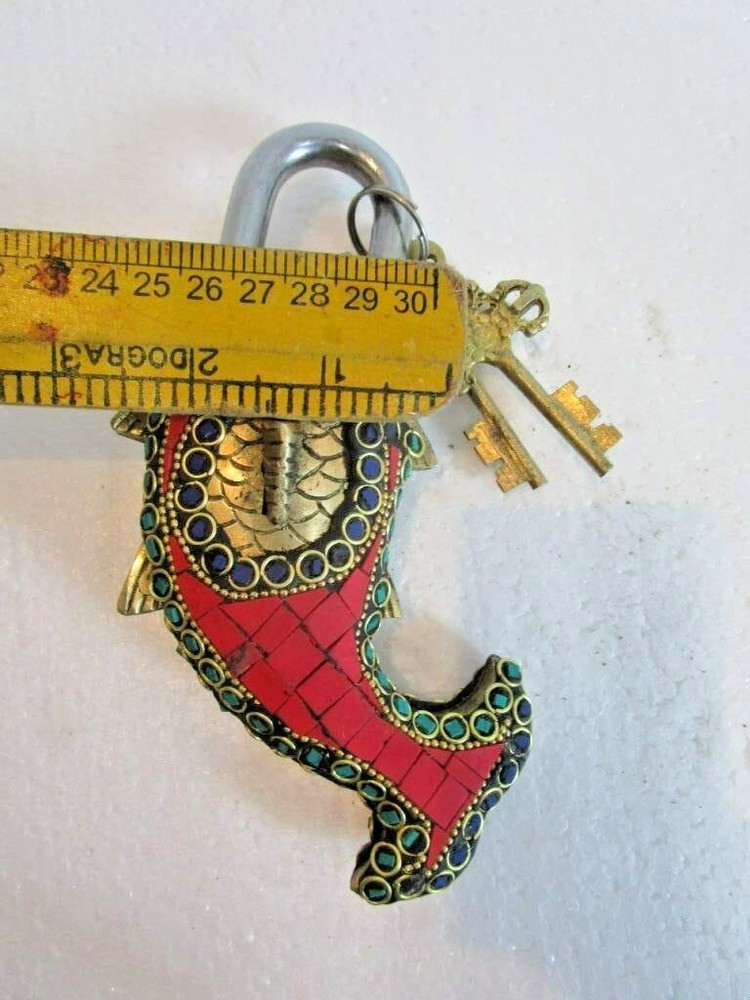 Handmade Working Functional Fish Shape Brass Padlock with Keys With Color Stone