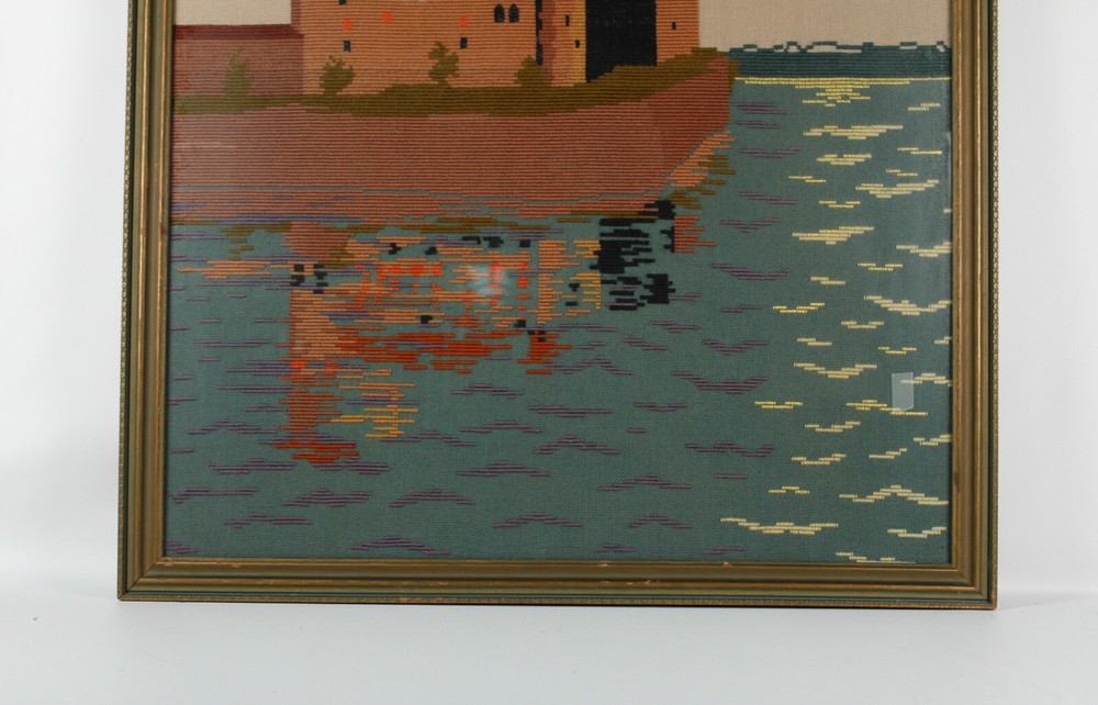 Needlepoint Mid Century Modern Boho Seaside Castle Framed Realism Needlepoint