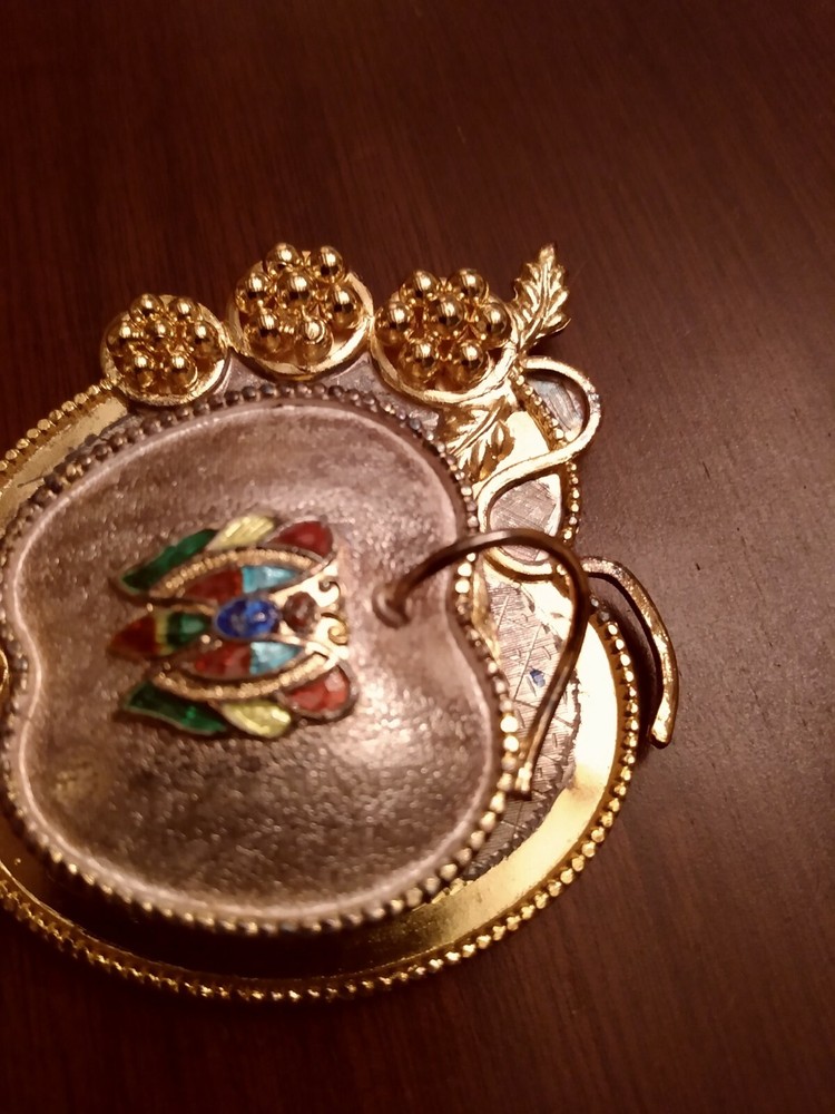 SOLID SILVER HINGED APPLE BOX ON ATTACHED TRAY ENAMEL BUTTERFLY GILT ACCENT
